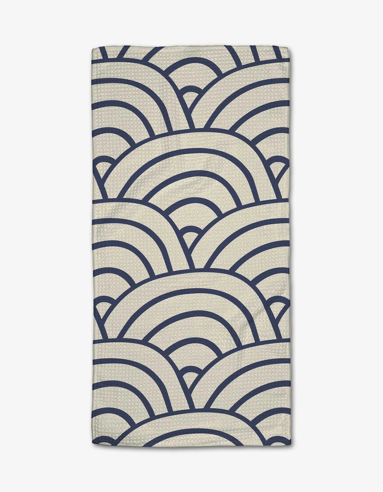 Beige background series of half circles and curves in a deep blue