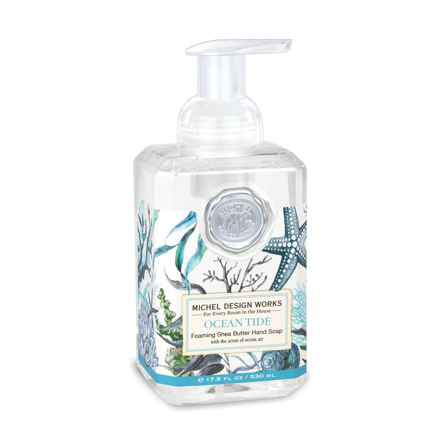 ocean tide foaming soap rectangle bottle with clear plastic pump label has a turquoise blue ocean scene