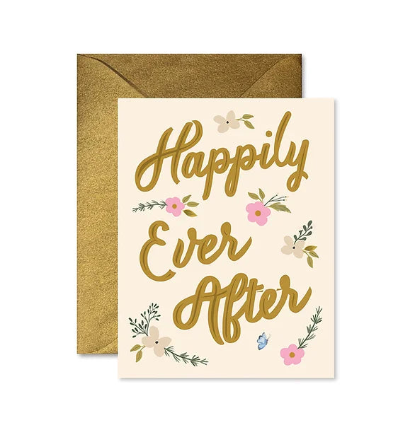 Pink Card states Happily Ever After in gold with a few pastel flowers scattered