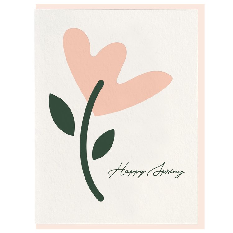 White card with pink and green flower in the middle and dark cursive writing next to the flower