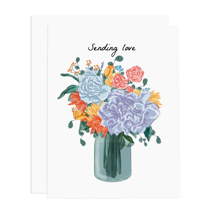 "Sending love" greeting card with a blue-green vase and bouquet of flowers
