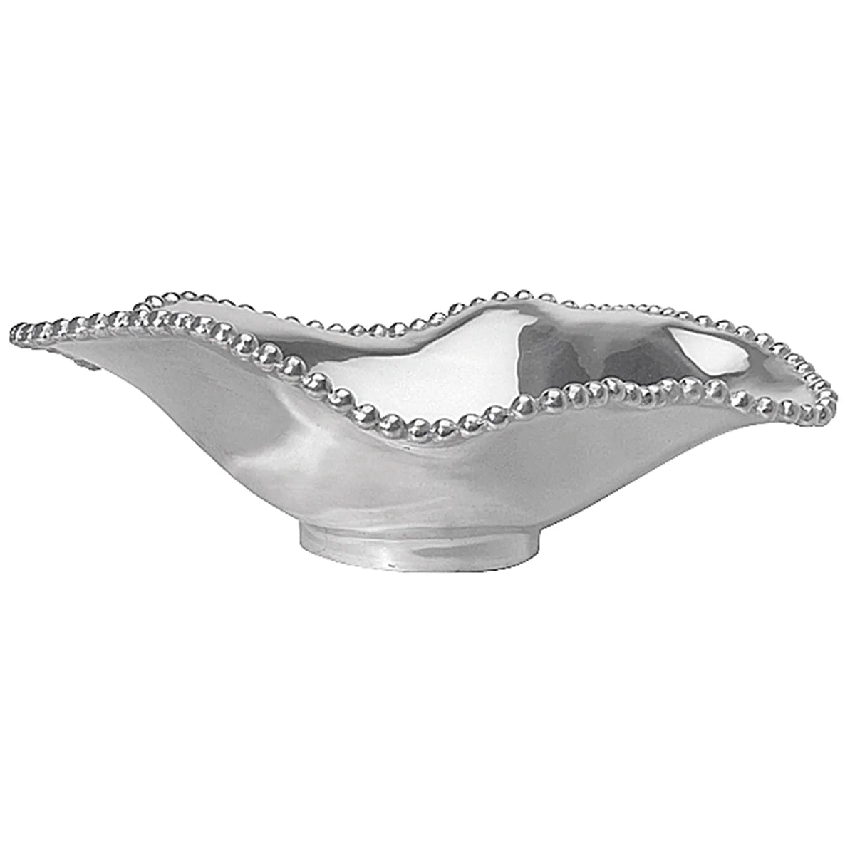 Silver bowl that is shaped wavy and has silver pearls on it