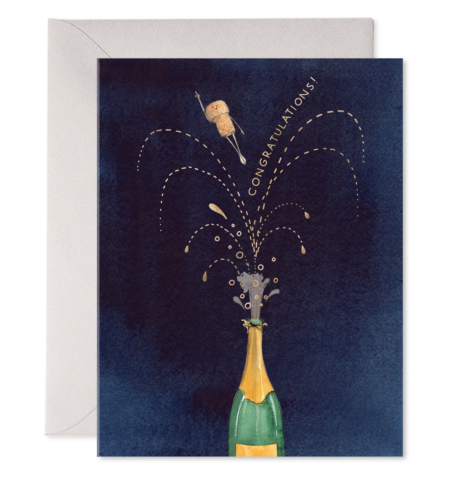 Single card with blue background. bottle of champagne with flying cork