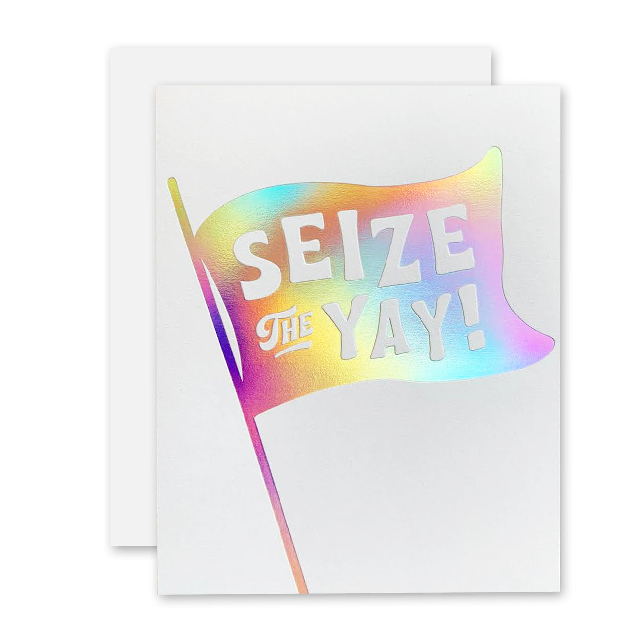 White card with tie-dye flag in the middle that has words on it