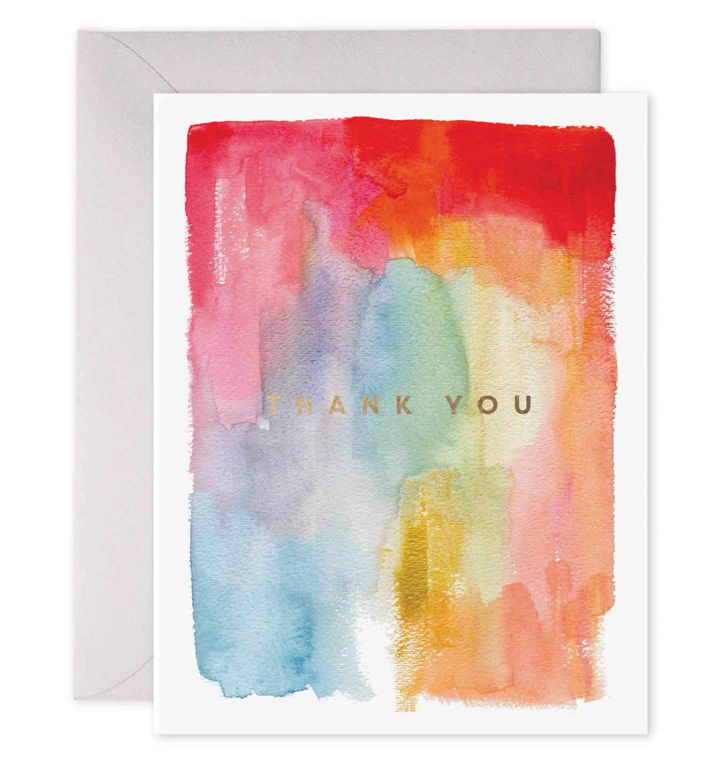 Thank you note card with multi - color water color front. Thank you in gold foil at the center