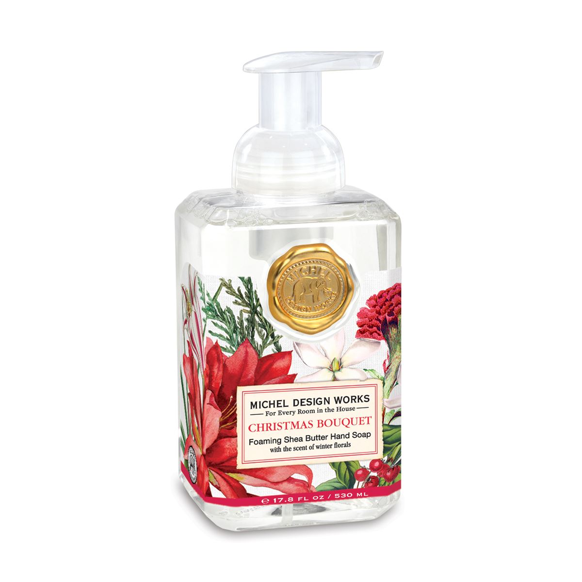 christmas bouquet foaming soap rectangle bottle with clear plastic pump. label has holiday floral arrangements with red, pine