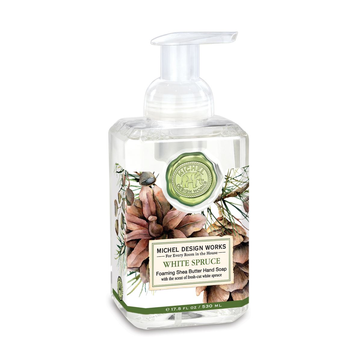 white spruce foaming soap in rectangle bottle with clear plastic pump. label has pine cones and pine needles