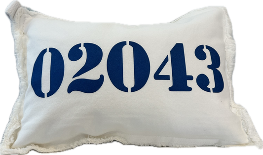 White 02043 zip code pillow with navy blue numbers