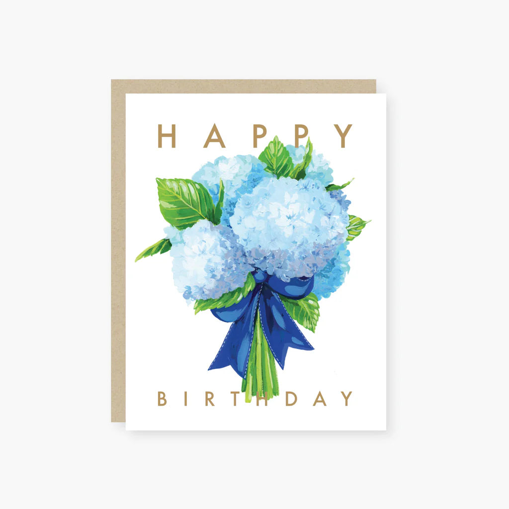 Birthday card with blue flowers and a blue bow on a white background