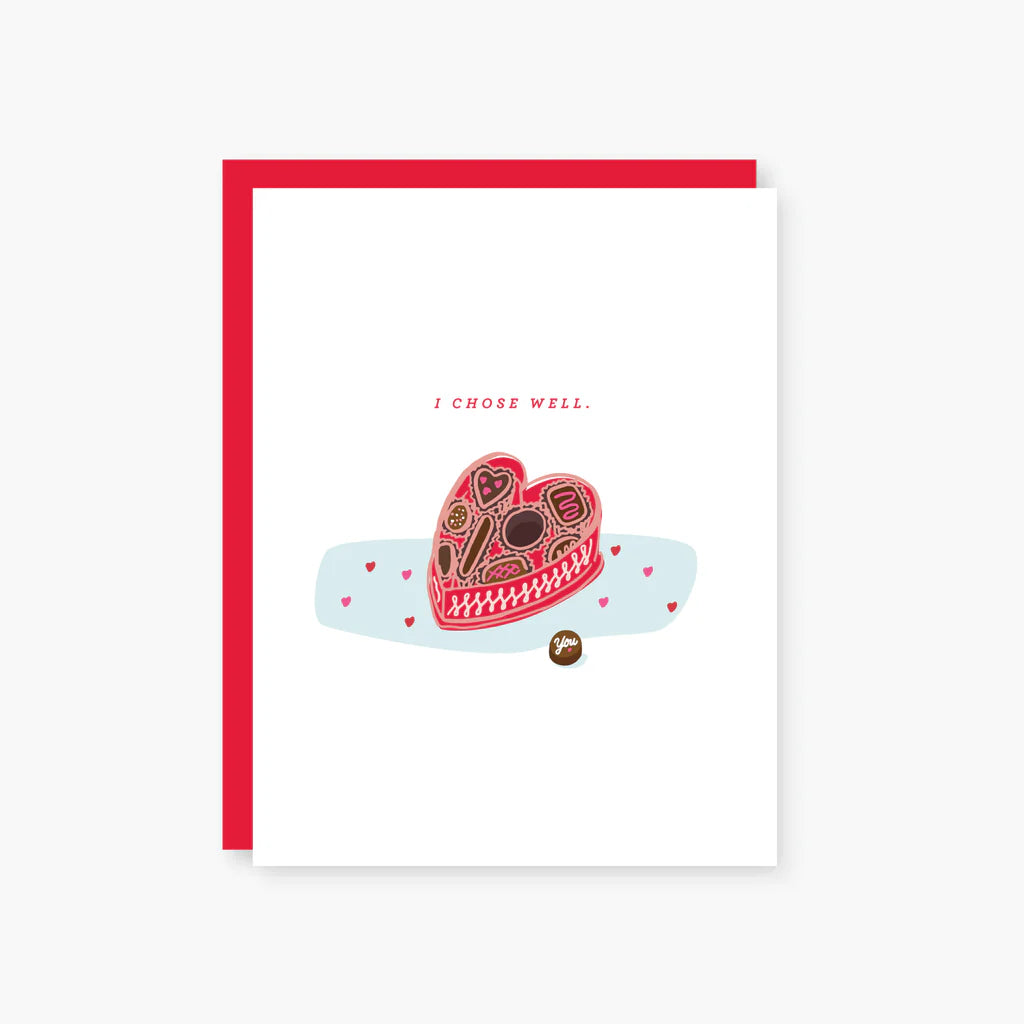 Greeting card with a red heart design and 'I Chose Well' text on a white background
