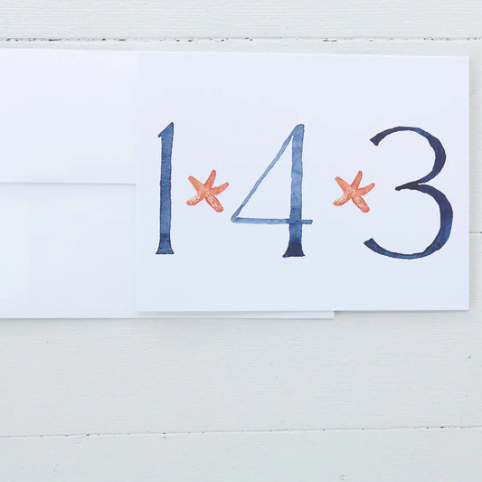 Single note card with 143 in blue and red starfish inbetween the numbers