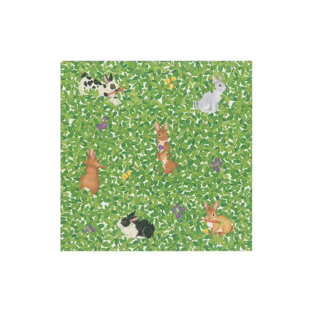 Bunnies hopping around a boxwood  plant cocktail napkins