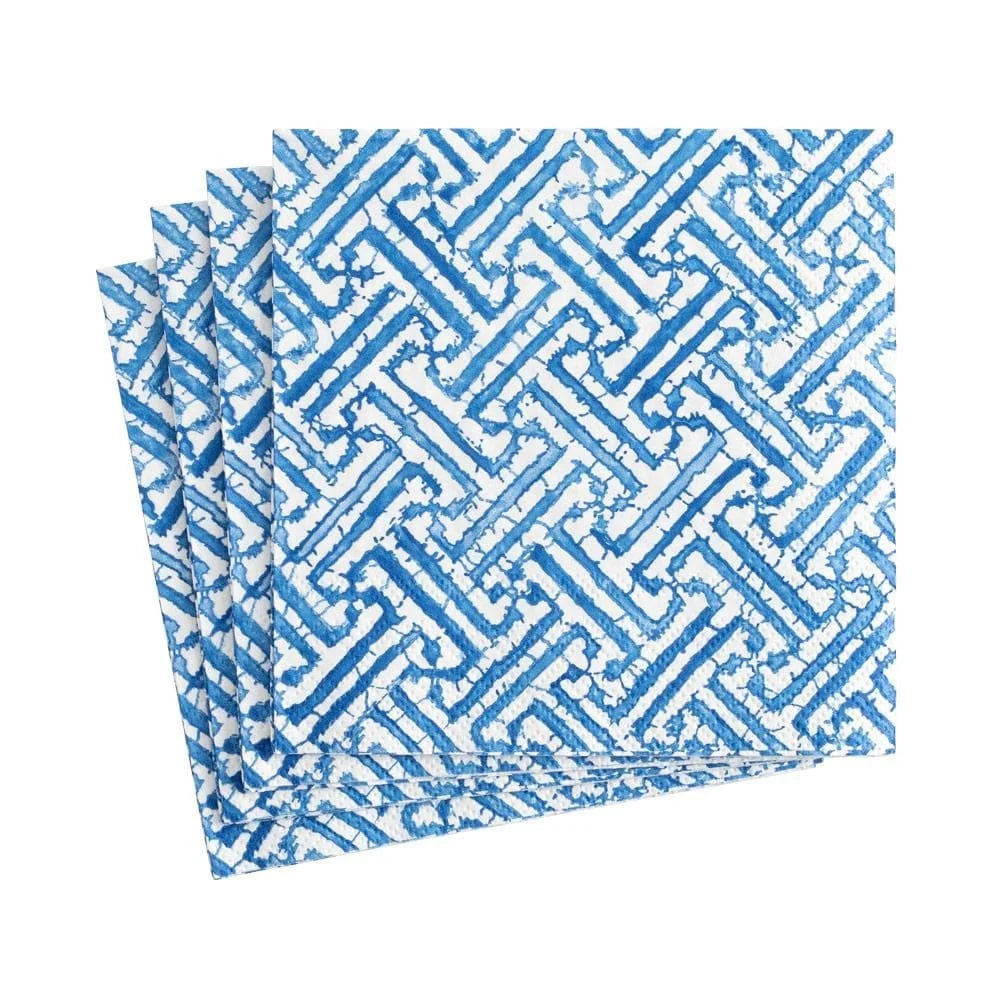 white luncheon napkin with blue geometric chinoiseries design