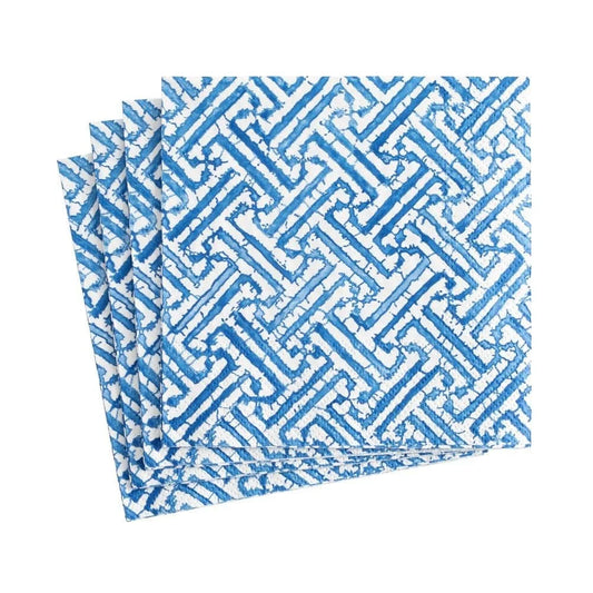 white luncheon napkin with blue geometric chinoiseries design