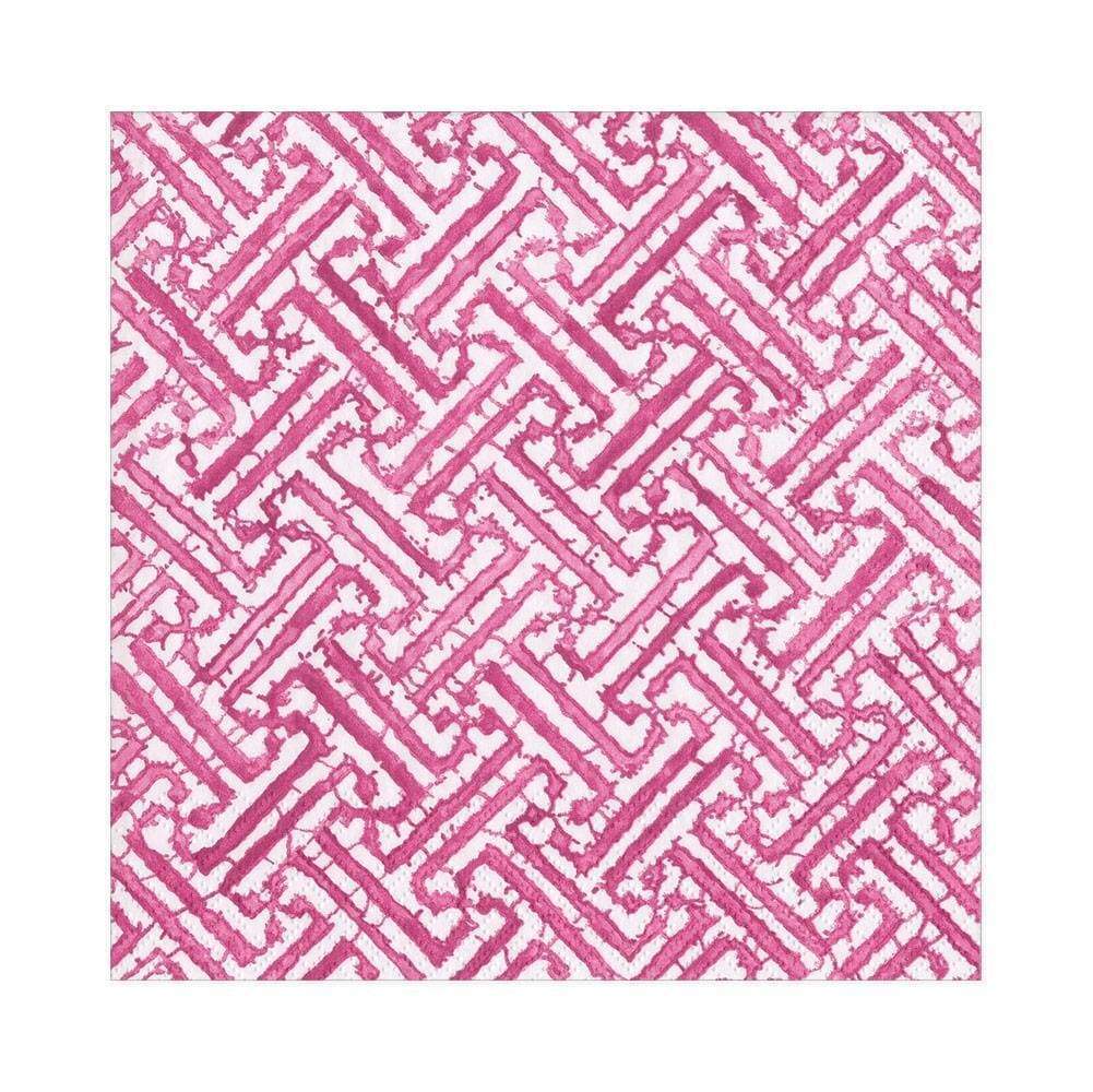 white luncheon napkin with hot pink geometric chinoiserie design