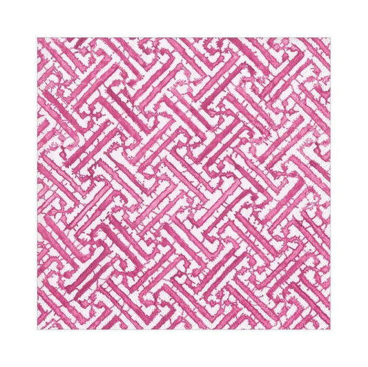 white luncheon napkin with hot pink geometric chinoiserie design