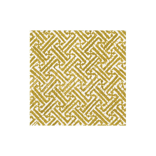 cocktail napkin with gold fretwork design on white background