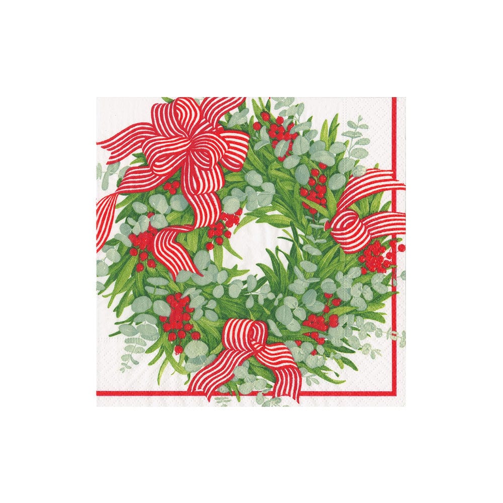 cocktail napkin with wreath and red/white stripe ribbon