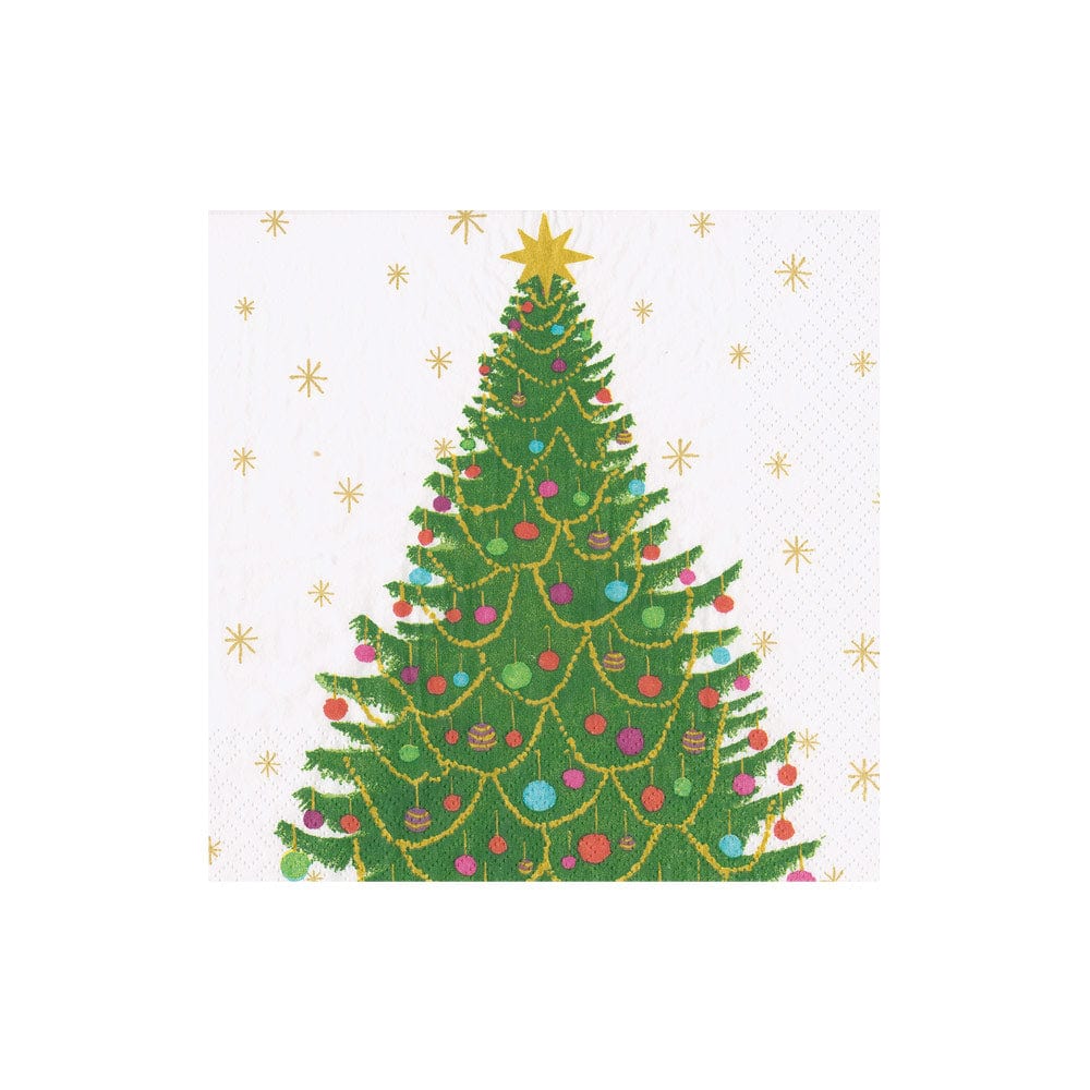 Cocktail Napkin with Green Christmas Tree and colorful ornaments