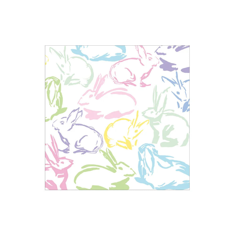 white cocktail napkin with pastel sketches of bunnies