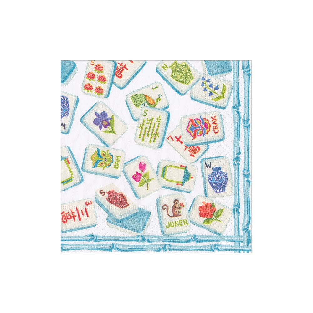 Cocktail napkin with colorful Mahjong tile pattern on a white background