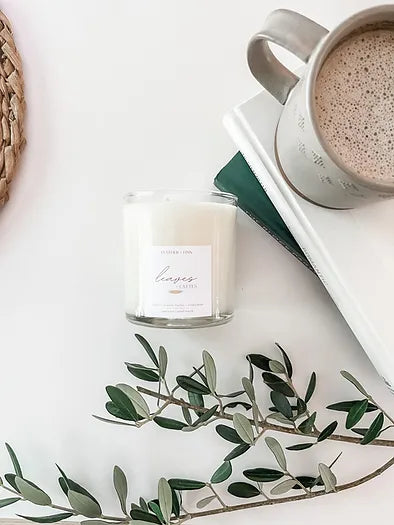 leaves and lattes candle with a latte mug and olive leave branch