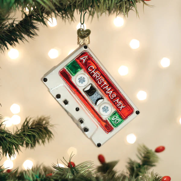 ornament of a cassette that says Christmas Mix Tape
