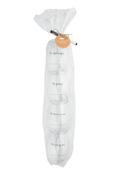Four personalized clear acrylic stemless wine glasses tied in clear cello bag with tag and dry erase marker