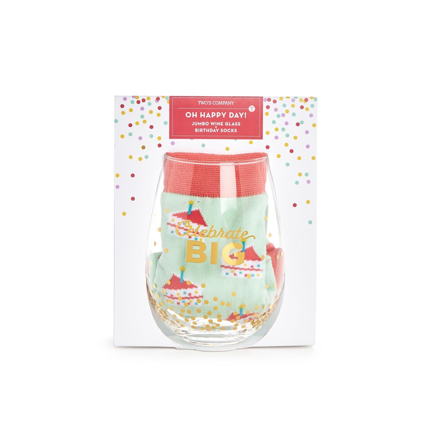 packaged Jumbo stemless wine glass with OH HAPPY DAY and gold text on the glass that reads "celebrate big" also included in the glass is a pair of birthday socks in mint green with slices of birthday cake  and candle design on them  