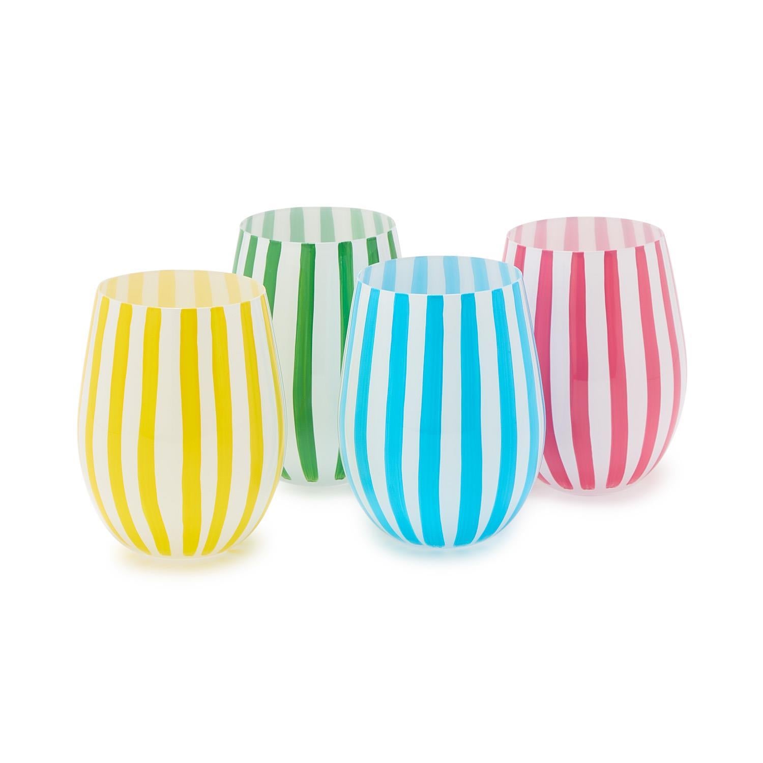 Set of 4 stemless wine glasses in yellow, green, blue and pink hand painted vertical stripes 