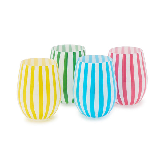 Set of 4 stemless wine glasses in yellow, green, blue and pink hand painted vertical stripes 
