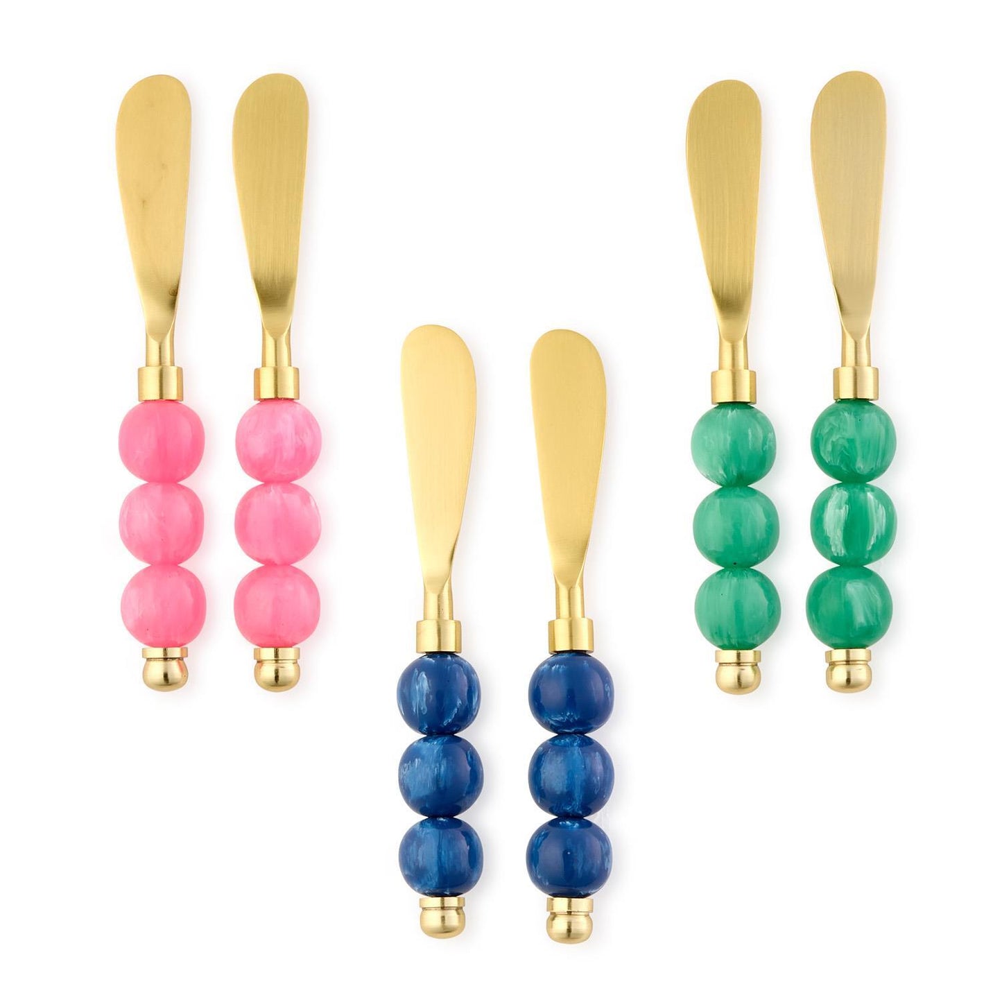 Set of three decorative spreaders with gold handles and colorful bead ends on a white background.  Colors include Pink, Blue, Green