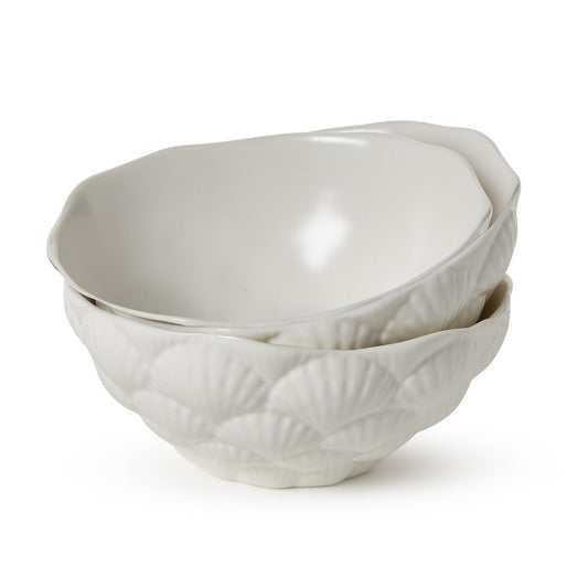 set of 3 white ceramic bowls with fan shell design embossed all around 