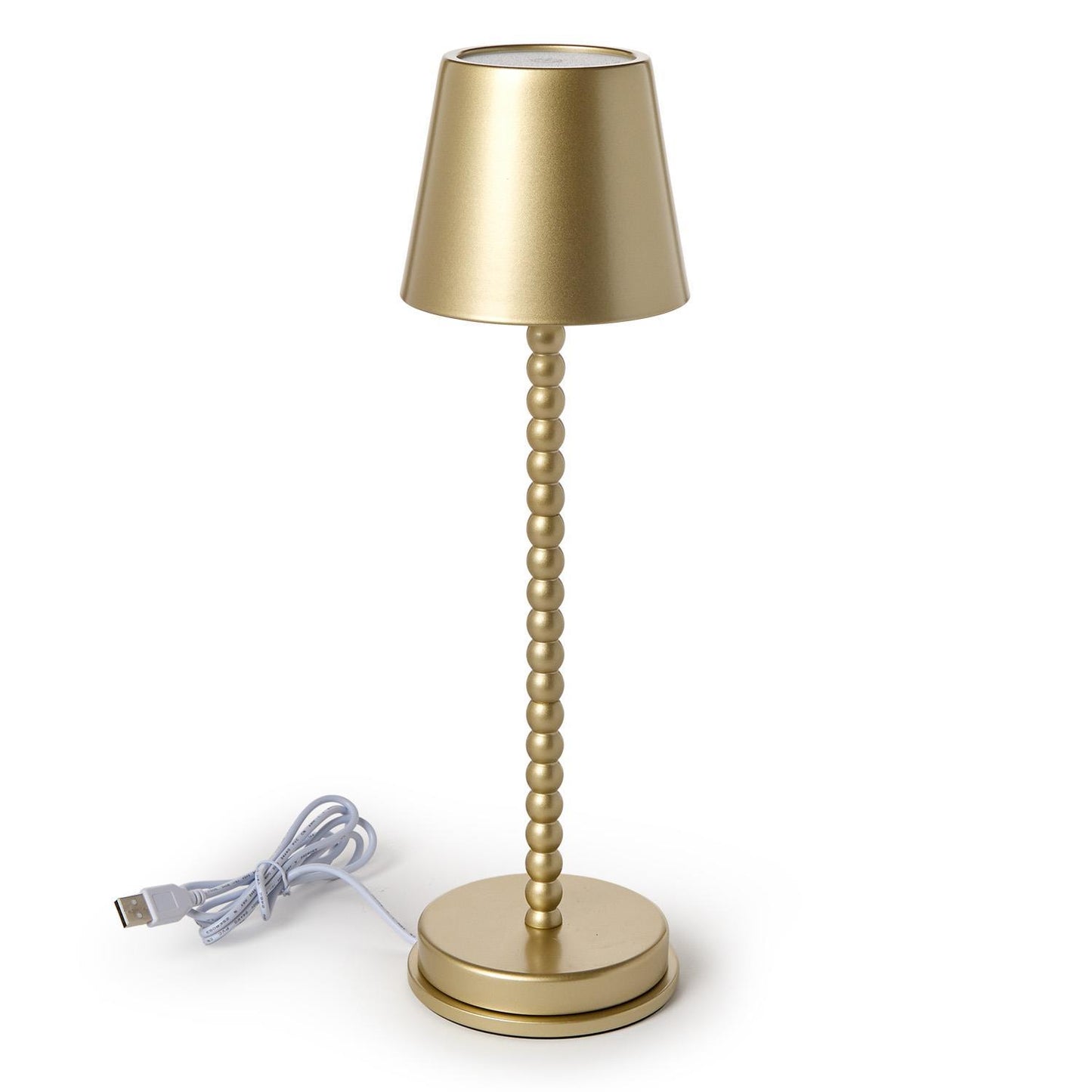 Gold table lamp (beaded stem)with USB cable on a white background