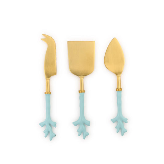 Set of three gold cheese knives with seafoam coral like handles 