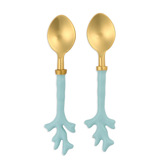 Set of two gold spoons with seafoam coral-like handles 