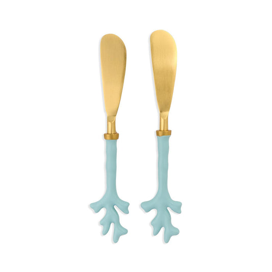Set of 2 gold cheese spreaders with coral like handles in seafoam 