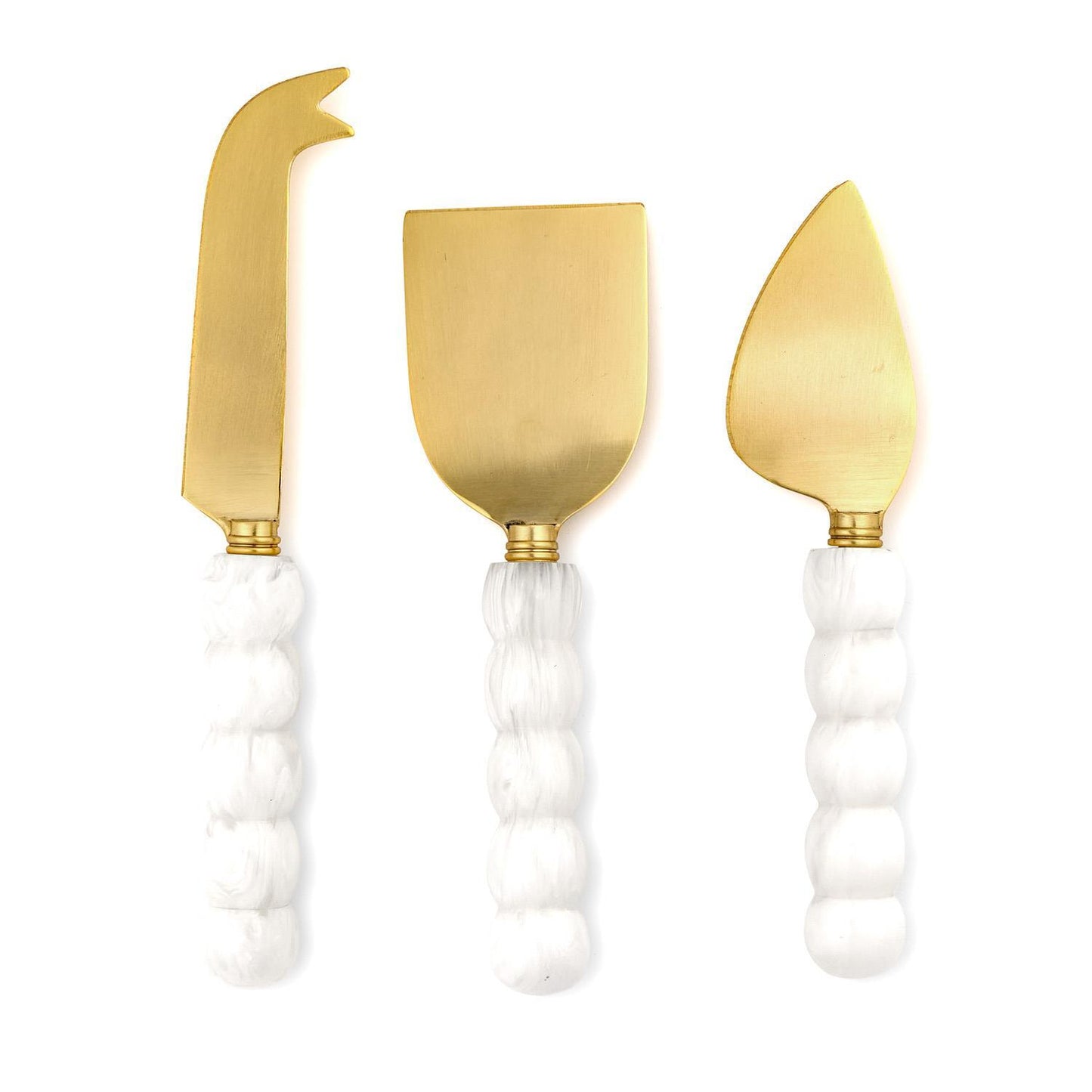 Set of three white-beaded resin and gold stainless steel cheese spreaders.
Ideal for charcuterie boards, parties, and more!