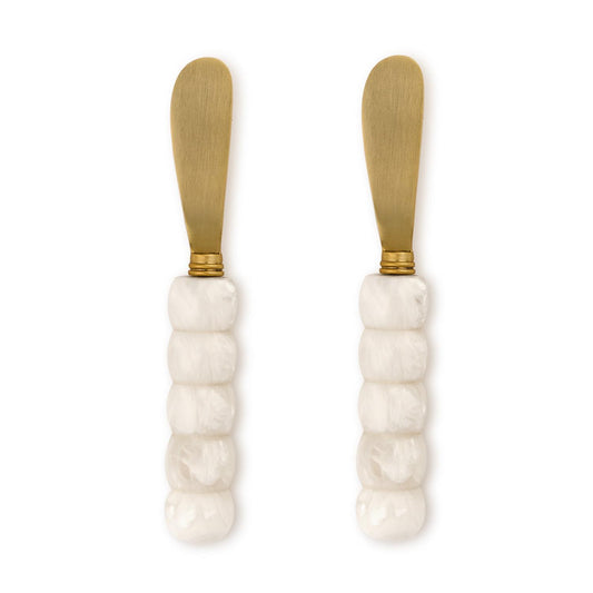 Set of two white-beaded resin and gold stainless steel blade spreaders.
Ideal for charcuterie boards, parties, and more!