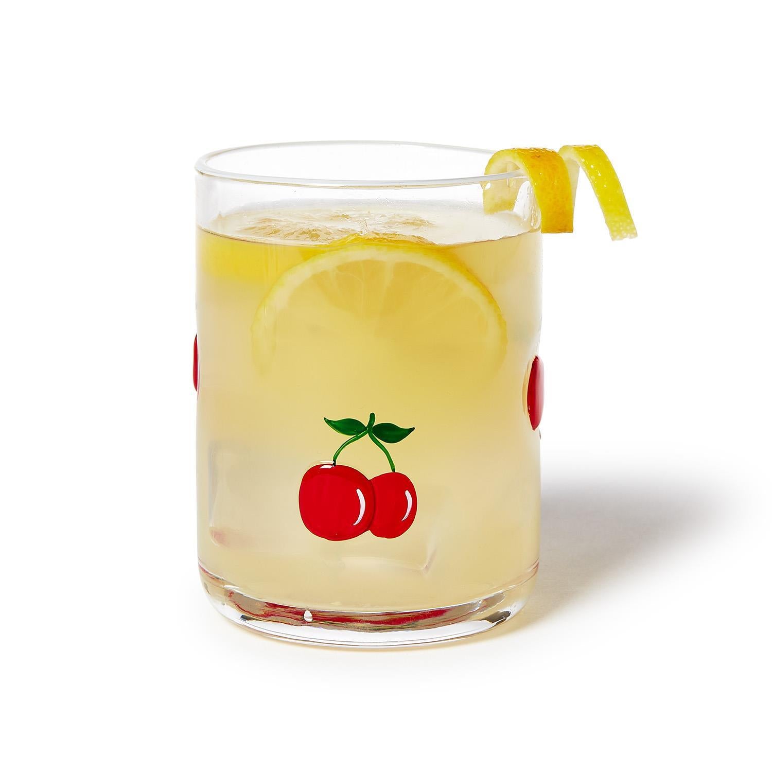 Clear old fashion glass with hand painted cherries  