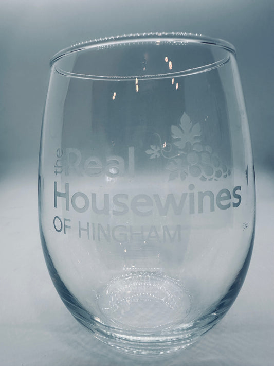 Clear stemless wine glass with 'Real Housewines of Hingham' text and logo 
