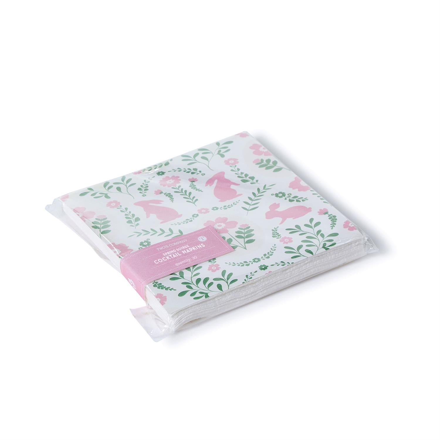 Pack of cocktail napkins with floral and bunny design on a white background