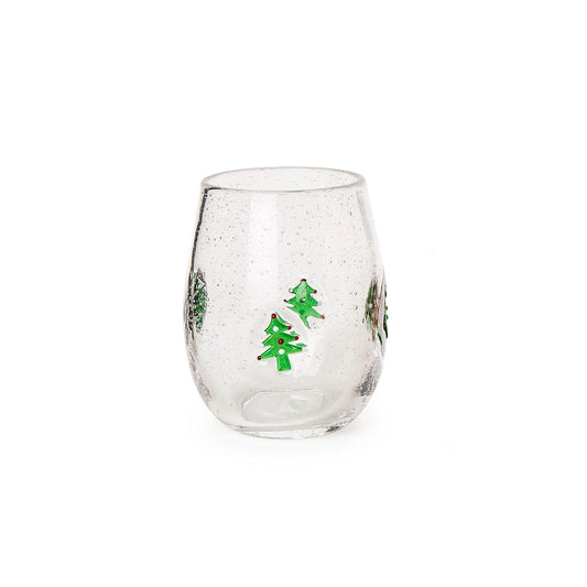 Holiday Tree Clear Bubble Stemless Wine Glass