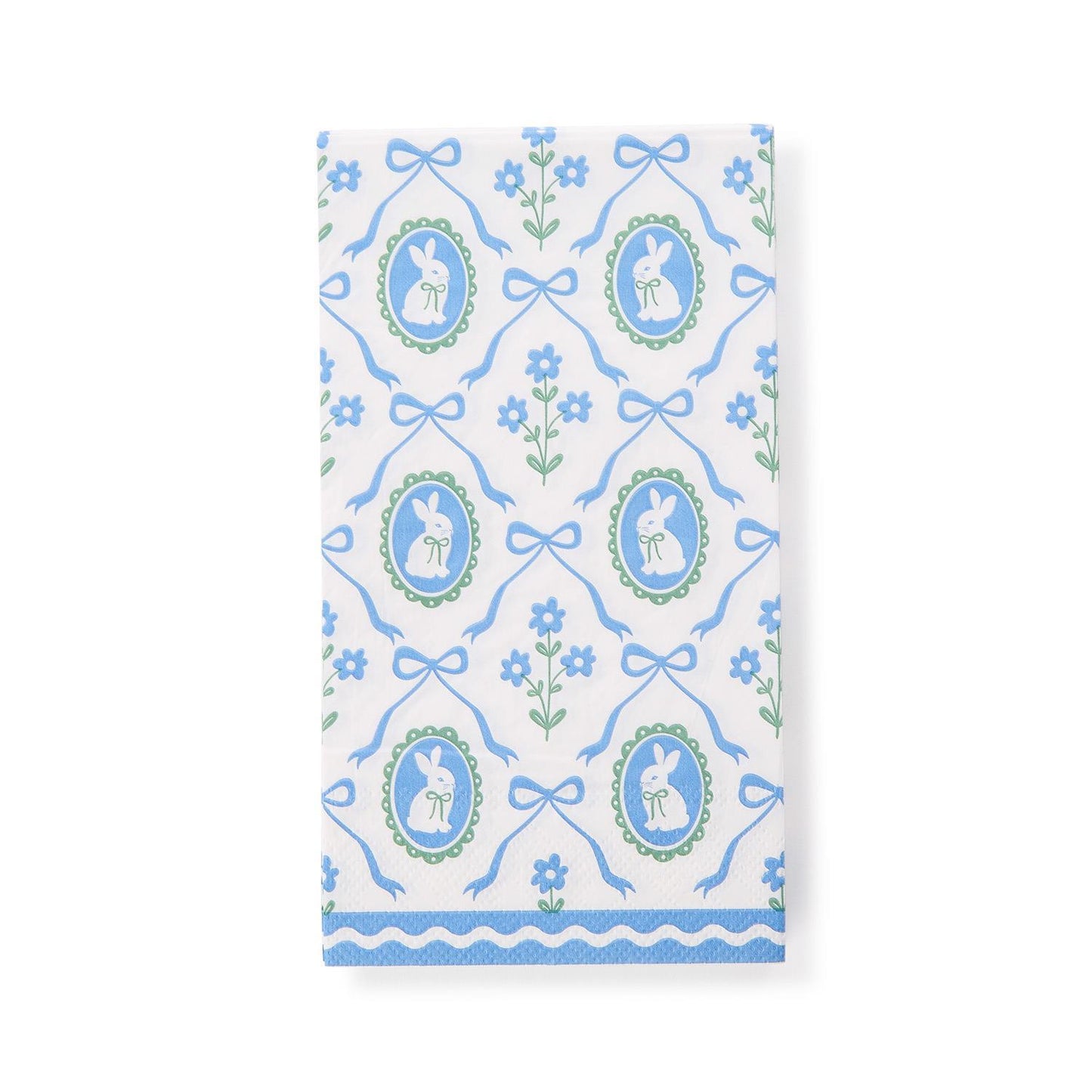 Patterned guest towel with rabbits, bows, and flowers on a white background