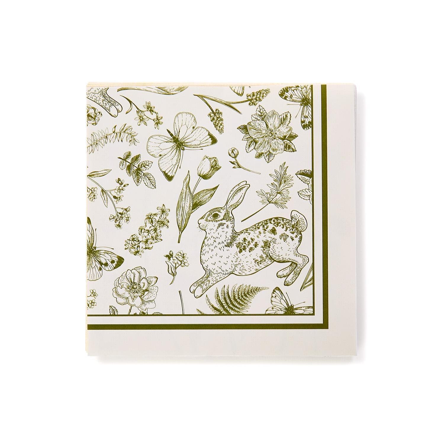 Cocktail Napkins with green floral and animal illustrations on a white background