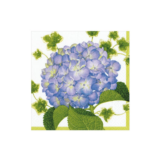 Cocktail napkin with blue hydrangea flowers and green leaves on a white background
