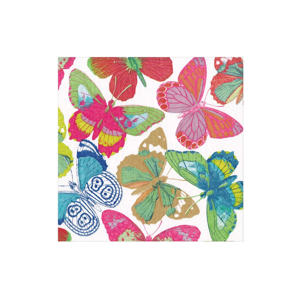 white cocktail napkin with colorful butterflies 