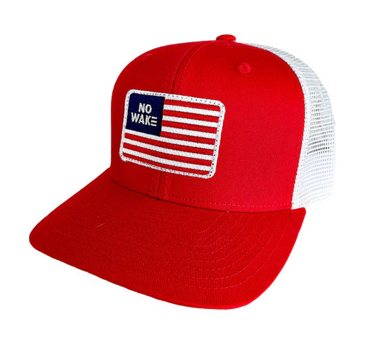 Red Hat with white mesh.  Flag style no wake patch