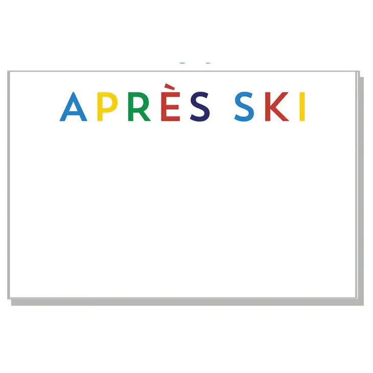 Horizontal Notepad  with words apres ski in bold colors across top