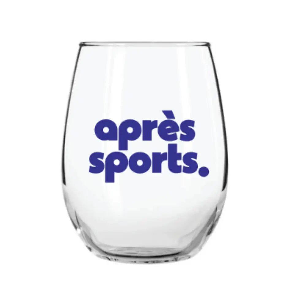 Clear wine glass with 'apres sports.' text in blue on a white background